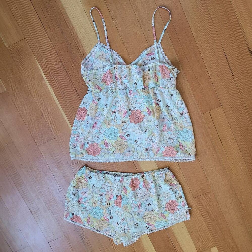 Vintage Y2K large floral pajama set babydoll cut top lace details bow boho maxim - Picture 2 of 14